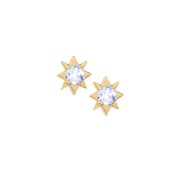 Mini North Star Moonstone Studs Yellow Gold Pair  by Logan Hollowell Jewelry