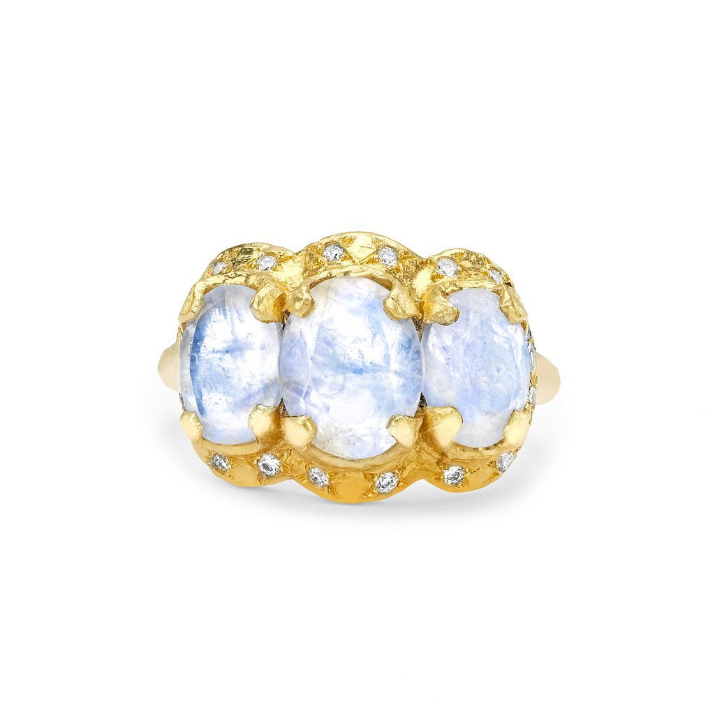 Queen Triple Goddess Moonstone Ring With Sprinkled Diamonds 