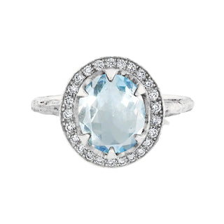 18k Queen Oval Aquamarine Ring with Full Pavé Diamond Halo 4 White Gold  by Logan Hollowell Jewelry