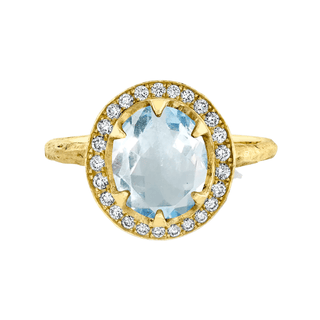 18k Queen Oval Aquamarine Ring with Full Pavé Diamond Halo 4 Yellow Gold  by Logan Hollowell Jewelry