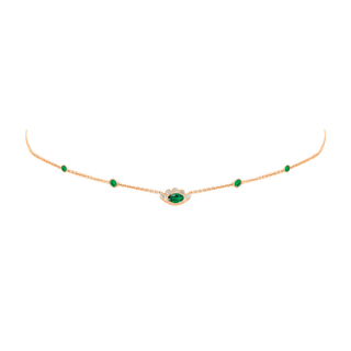 5 Emerald Orbit Bezel Choker with Angel Eye Emerald Center 14-15-16" Rose Gold  by Logan Hollowell Jewelry