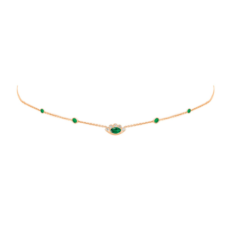 5 Emerald Orbit Bezel Choker with Angel Eye Emerald Center Rose Gold 14-15-16" by Logan Hollowell Jewelry