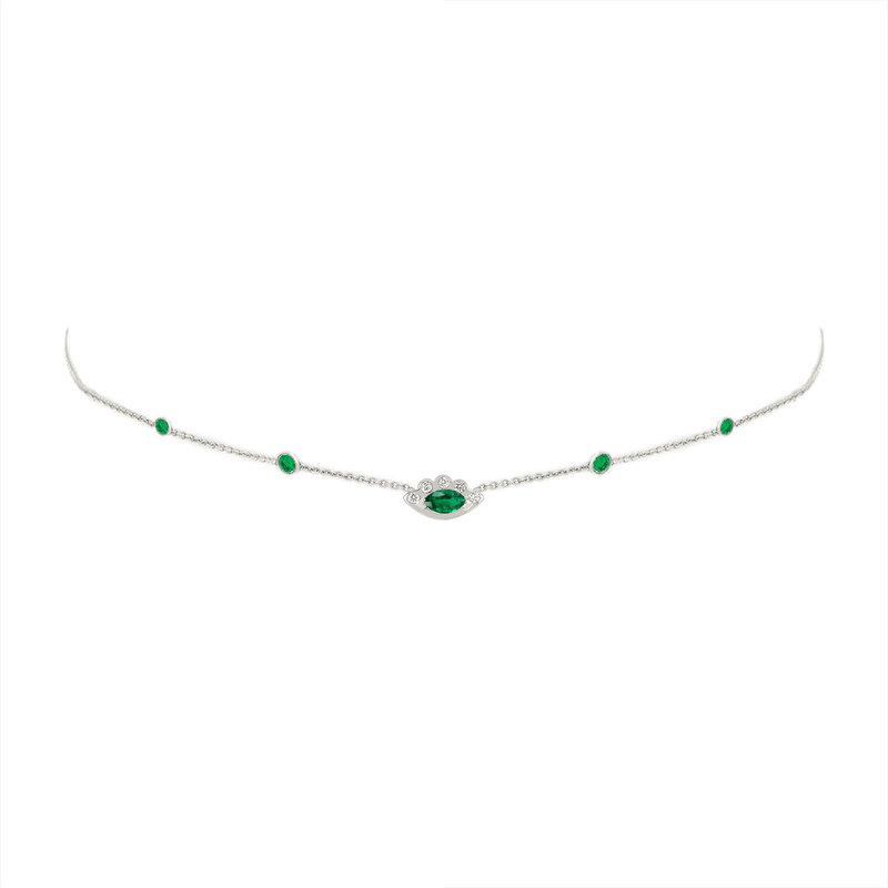5 Emerald Orbit Bezel Choker with Angel Eye Emerald Center White Gold 14-15-16" by Logan Hollowell Jewelry