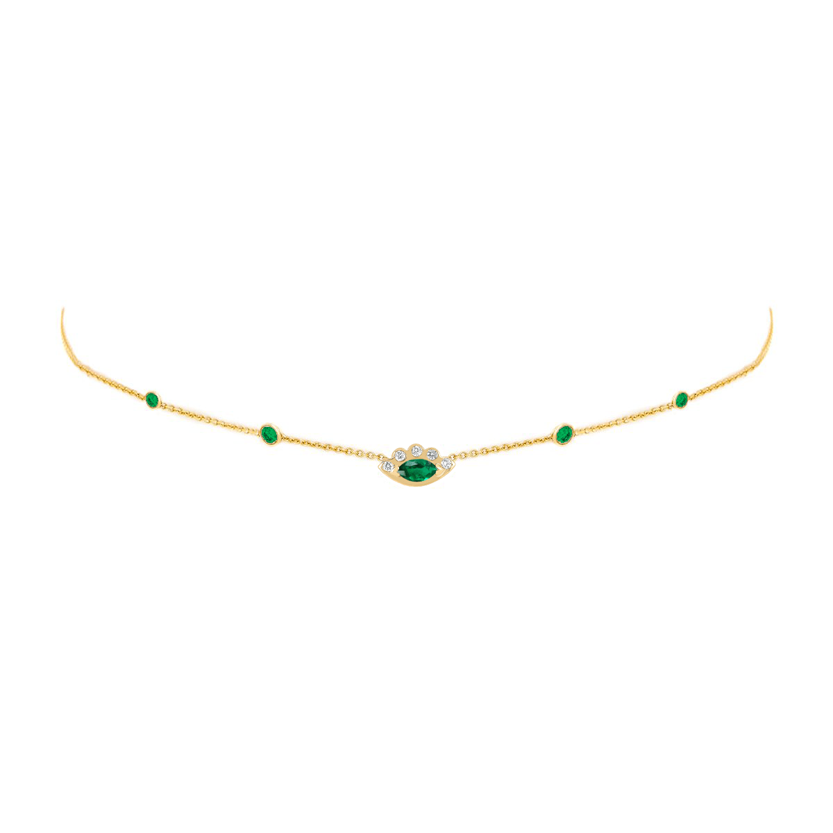 5 Emerald Orbit Bezel Choker with Angel Eye Emerald Center Yellow Gold 14-15-16" by Logan Hollowell Jewelry