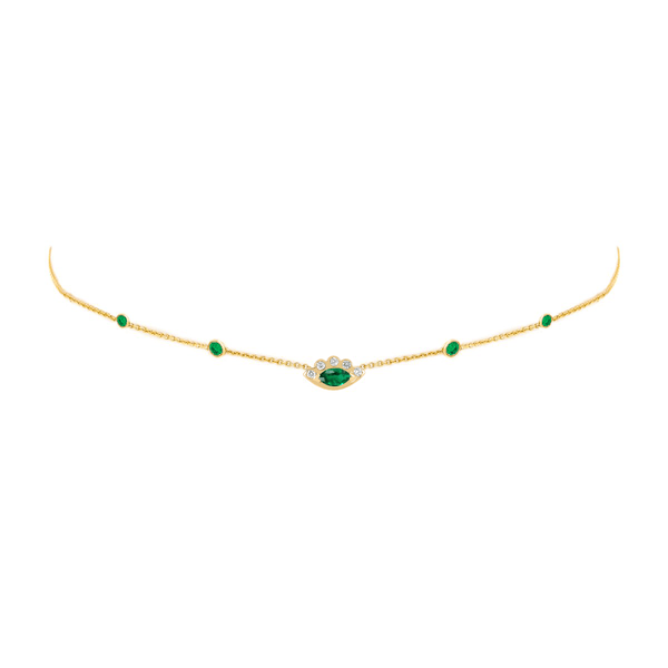 5 Emerald Orbit Bezel Choker with Angel Eye Emerald Center Yellow Gold 14-15-16" by Logan Hollowell Jewelry