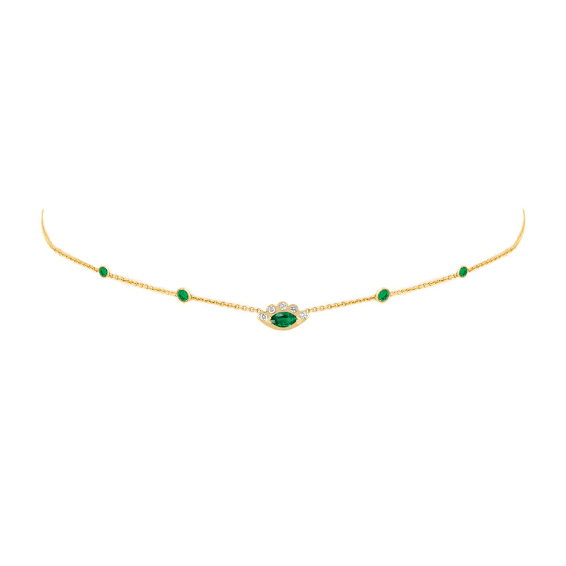 5 Emerald Orbit Bezel Choker with Angel Eye Emerald Center Yellow Gold 14-15-16" by Logan Hollowell Jewelry