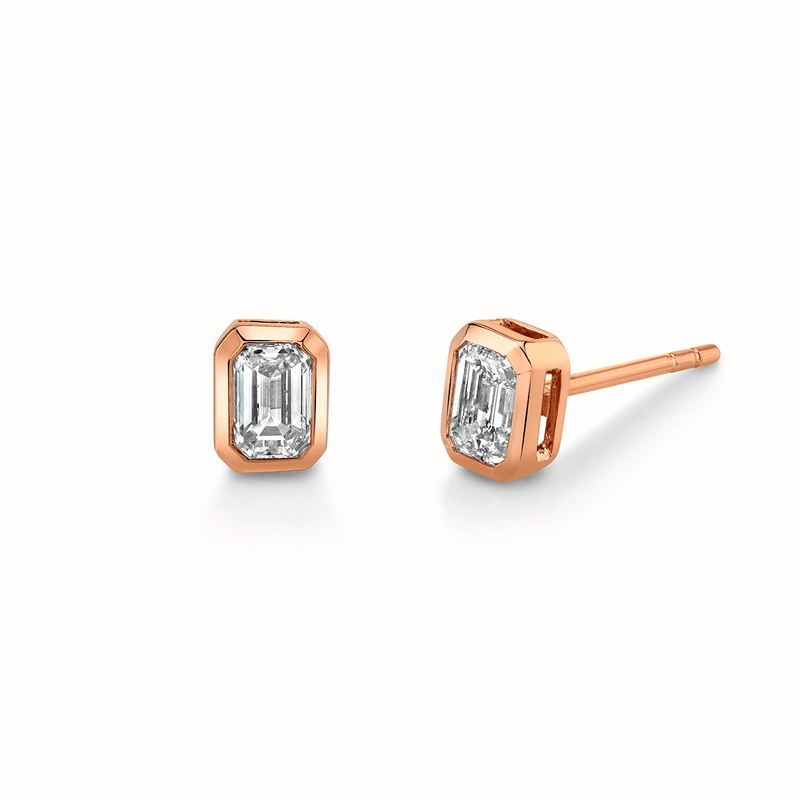Mini Emerald Cut Diamond Studs Rose Gold Pair by Logan Hollowell Jewelry