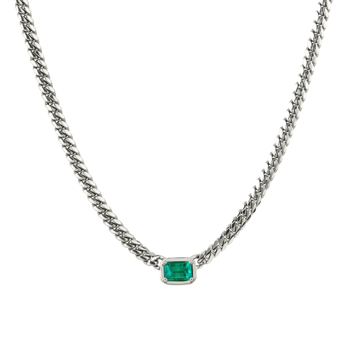 Emerald Cut Emerald Cuban Choker White Gold 14" by Logan Hollowell Jewelry