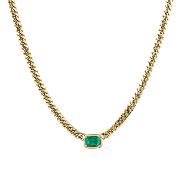 Emerald Cut Emerald Cuban Choker Yellow Gold 14" by Logan Hollowell Jewelry