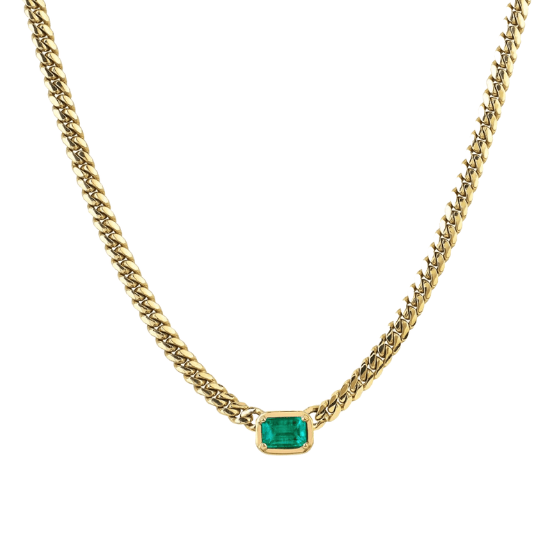 Emerald Cut Emerald Cuban Choker Yellow Gold 14" by Logan Hollowell Jewelry