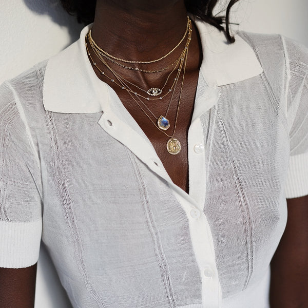Queen Water Drop Blue Sheen Moonstone Necklace with Full Pavé Halo | Ready to Ship by Logan Hollowell Jewelry