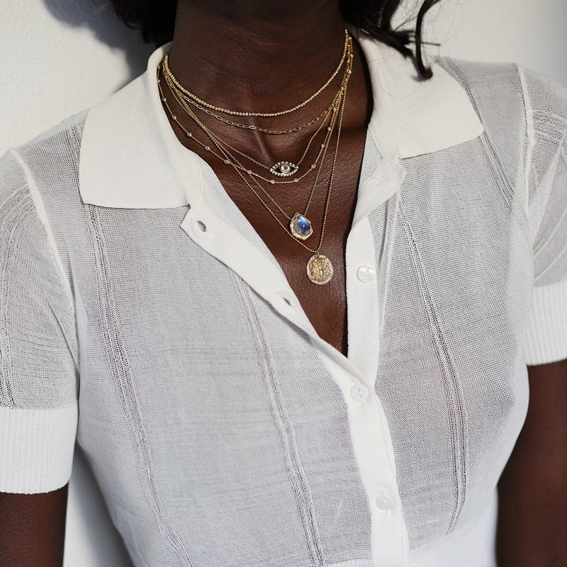 Queen Water Drop Blue Sheen Moonstone Necklace with Full Pavé Halo | Ready to Ship by Logan Hollowell Jewelry