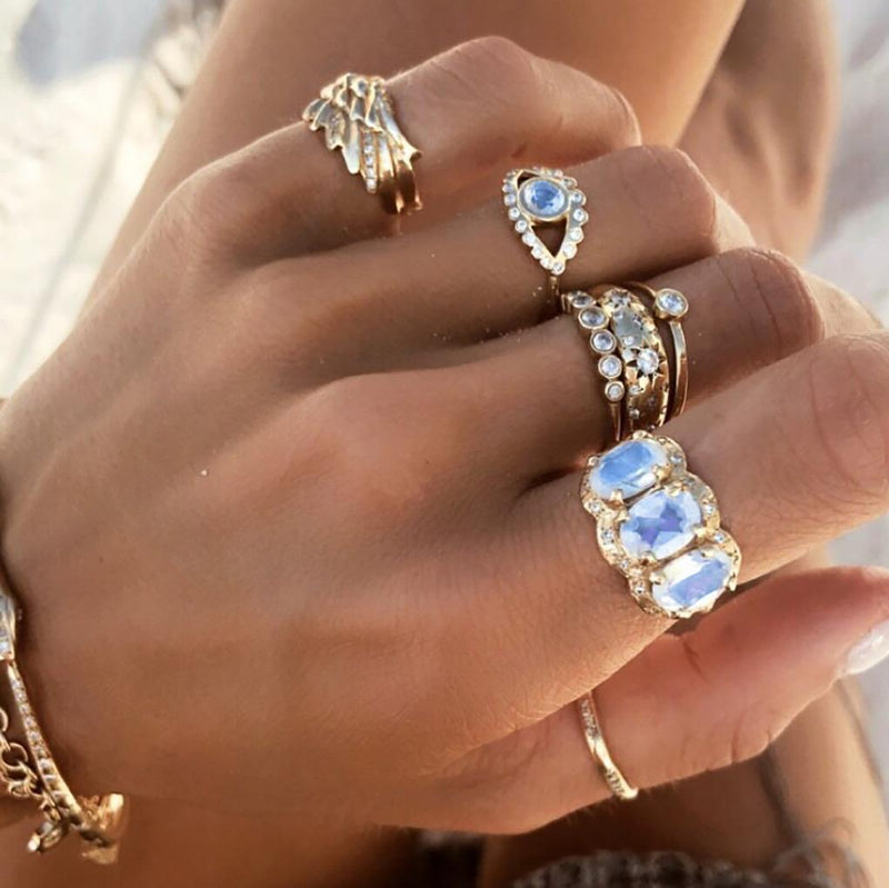 Queen Triple Goddess Moonstone Ring with Sprinkled Diamonds by Logan Hollowell Jewelry