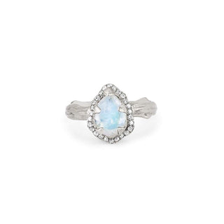 Micro Queen Water Drop Moonstone Rose Thorn Ring with Pavé Diamond Halo 2.5 White Gold  by Logan Hollowell Jewelry