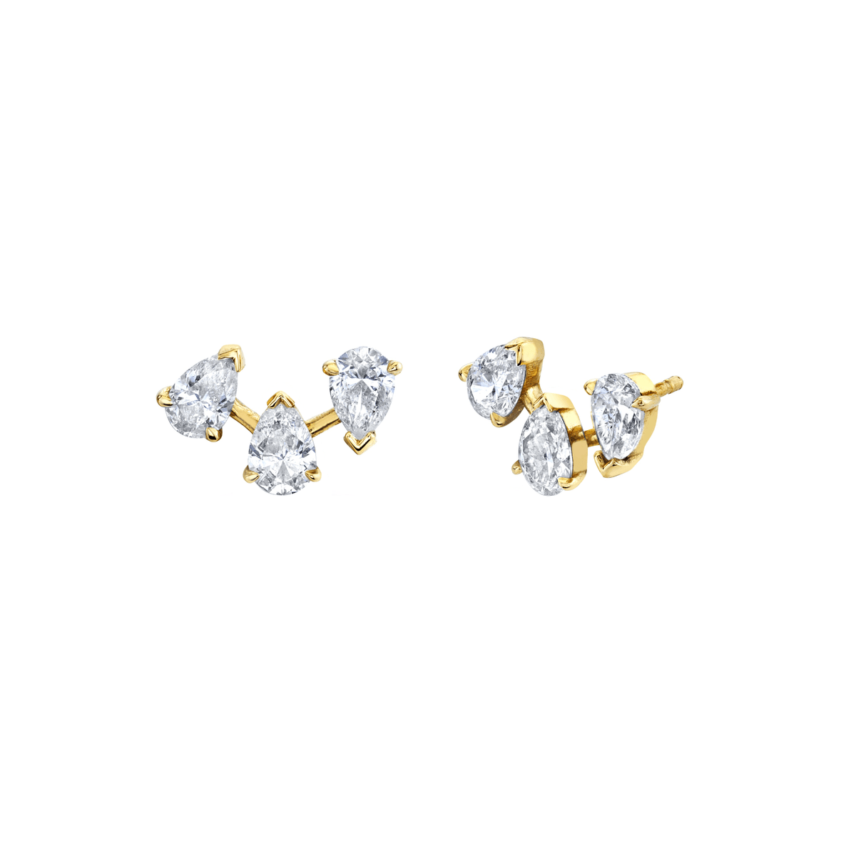 Petite Reverse Triple Water Drop Diamond Studs Yellow Gold Pair by Logan Hollowell Jewelry