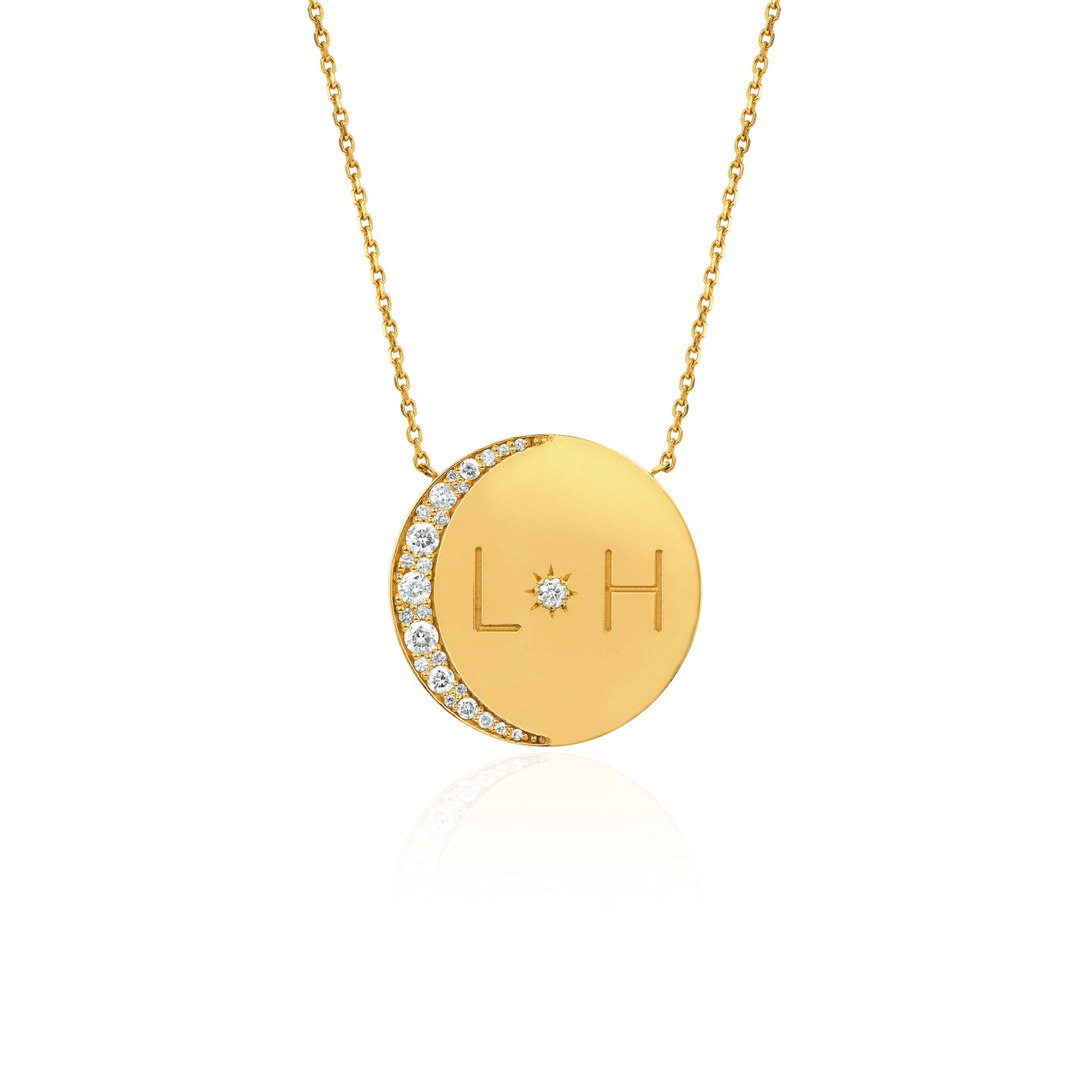 Medium Love You To The Moon and Back Necklace with Diamonds Yellow Gold 16" With Star Set Diamond Center by Logan Hollowell Jewelry