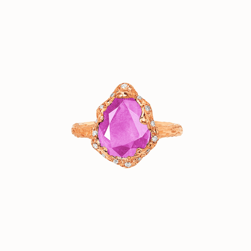 Baby Queen Water Drop Pink Sapphire Ring with Sprinkled Diamonds Rose Gold 3  by Logan Hollowell Jewelry