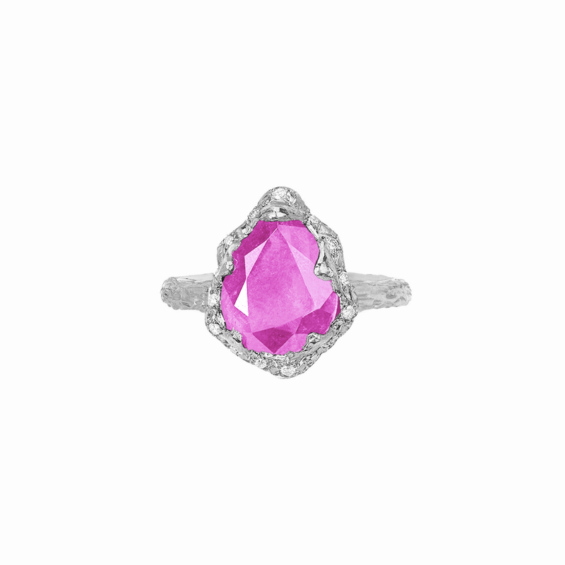 Baby Queen Water Drop Pink Sapphire Ring with Sprinkled Diamonds White Gold 3  by Logan Hollowell Jewelry