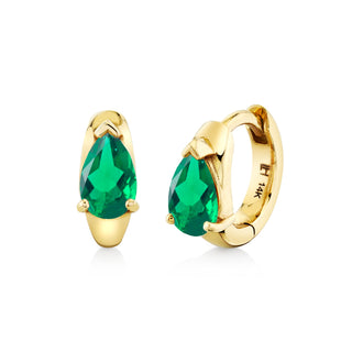 Water Drop Emerald Pear Huggies Yellow Gold Pair  by Logan Hollowell Jewelry