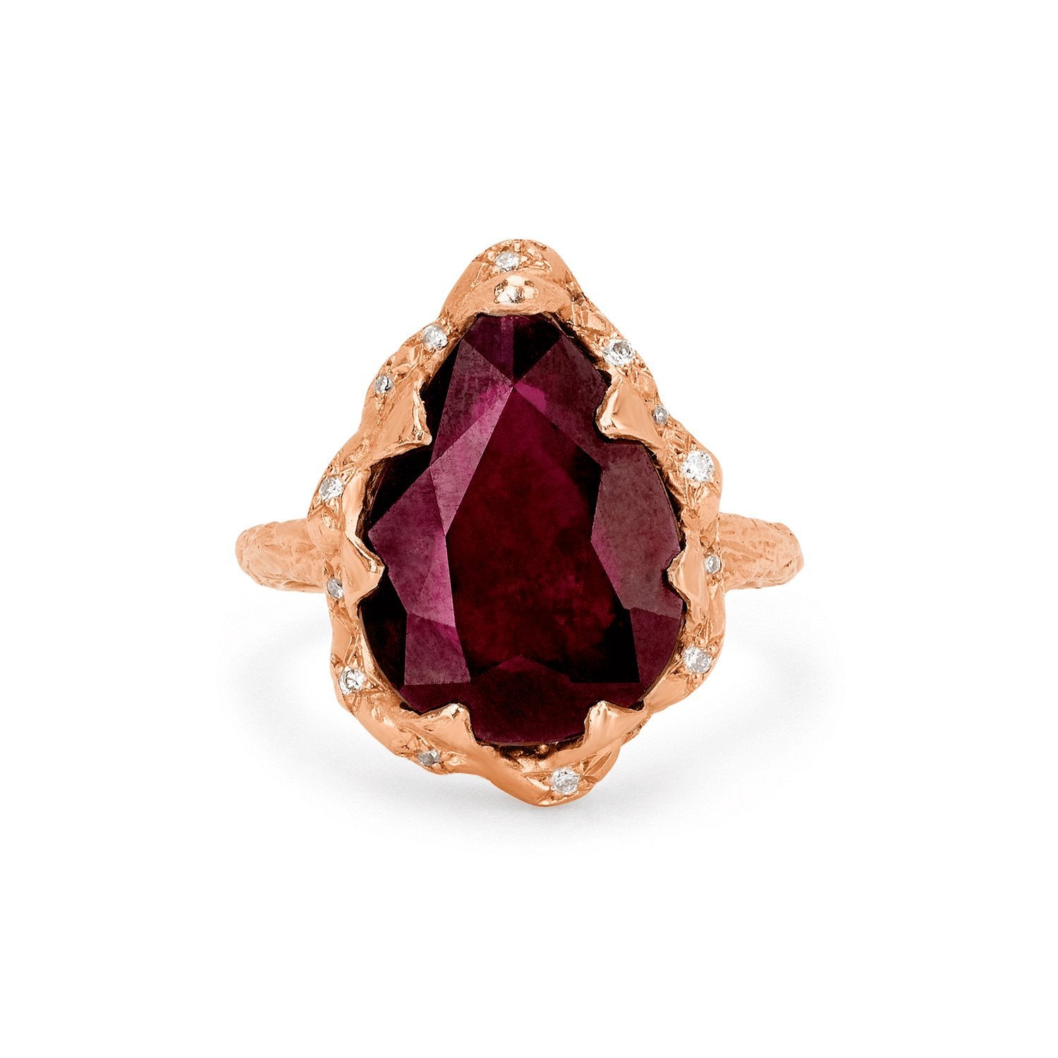 Queen Water Drop Ruby Ring with Sprinkled Diamonds by Logan Hollowell Jewelry