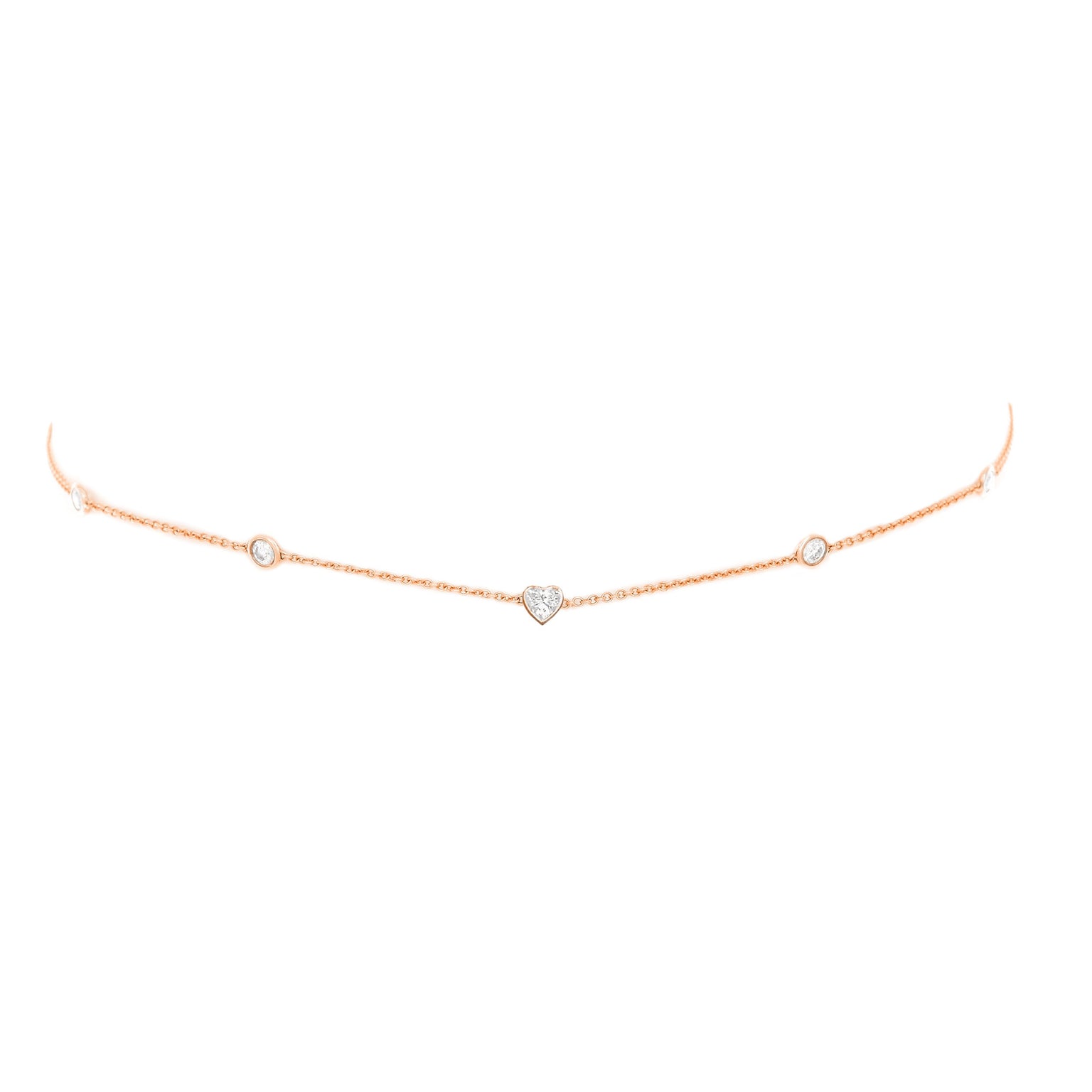 5 or 7 Diamond Heart of Light Orbit Choker with Heart Center 14"-15" Rose Gold 5 Diamond by Logan Hollowell Jewelry