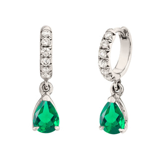 Emerald Water Drop French Pavé Goddess Hoops White Gold Pair  by Logan Hollowell Jewelry