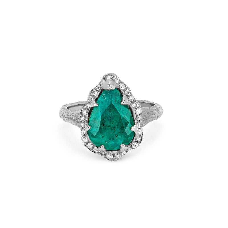 Medium Premium Water Drop Colombian Emerald Queen Ring with Full Pavé Diamond Halo White Gold 3 by Logan Hollowell Jewelry