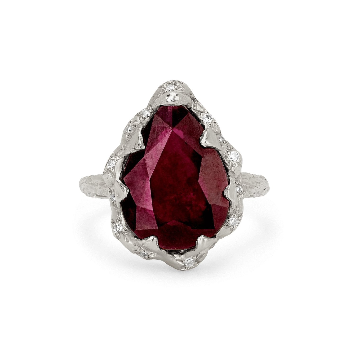 Queen Water Drop Ruby Ring with Sprinkled Diamonds 7.5 White Gold by Logan Hollowell Jewelry