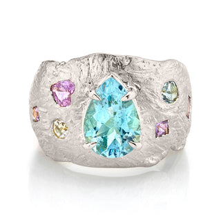 18k Atlantis Water Drop Aquamarine Ring with Pink Sapphire and Moonstone 4 White Gold  by Logan Hollowell Jewelry