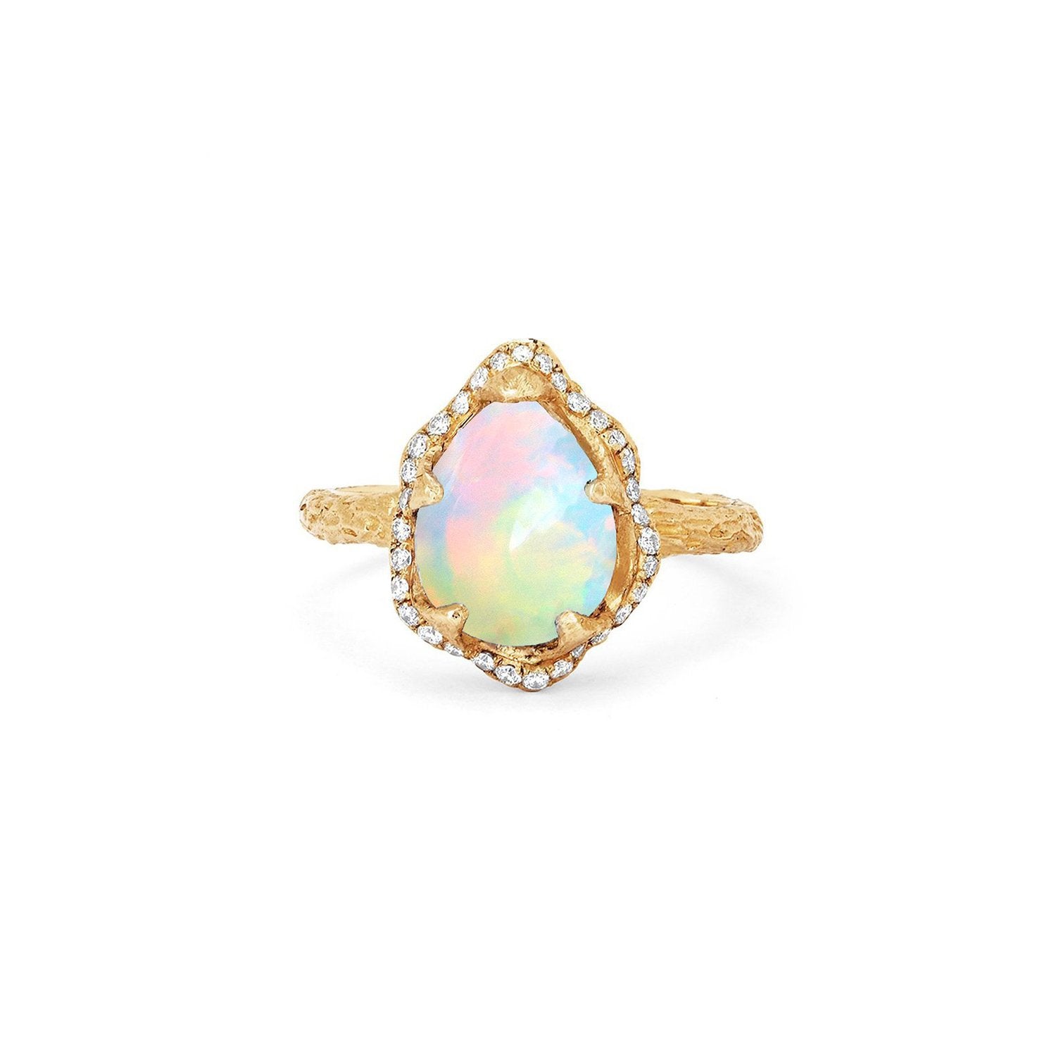 Baby Queen Water Drop White Opal Ring with Full Pavé Diamond Halo Yellow Gold 3  by Logan Hollowell Jewelry