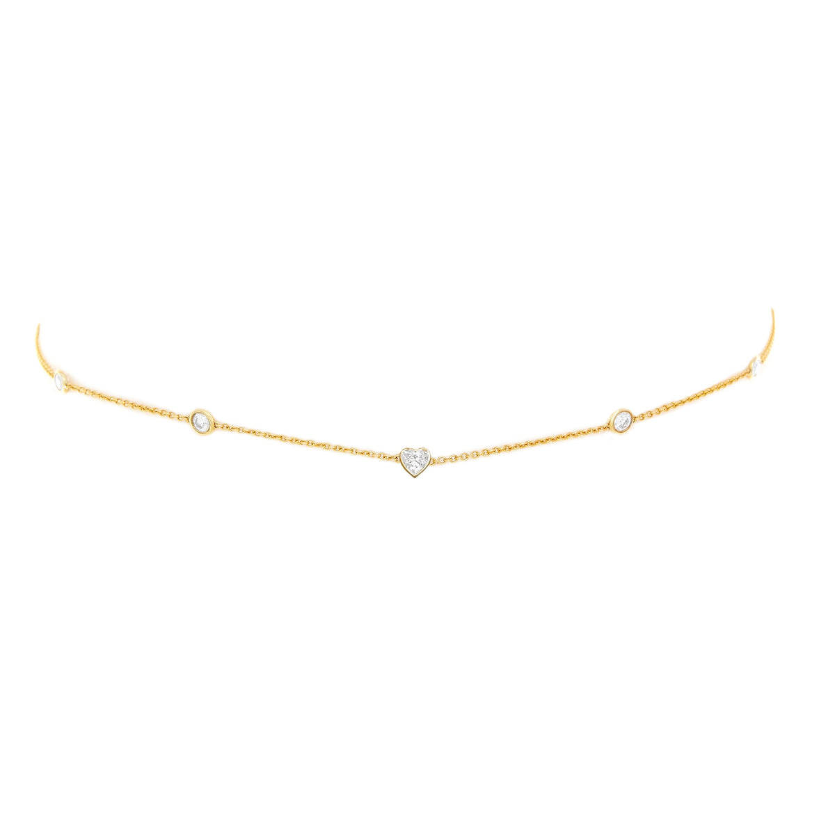 5 or 7 Diamond Heart of Light Orbit Choker with Heart Center 14"-15" Yellow Gold 5 Diamond by Logan Hollowell Jewelry