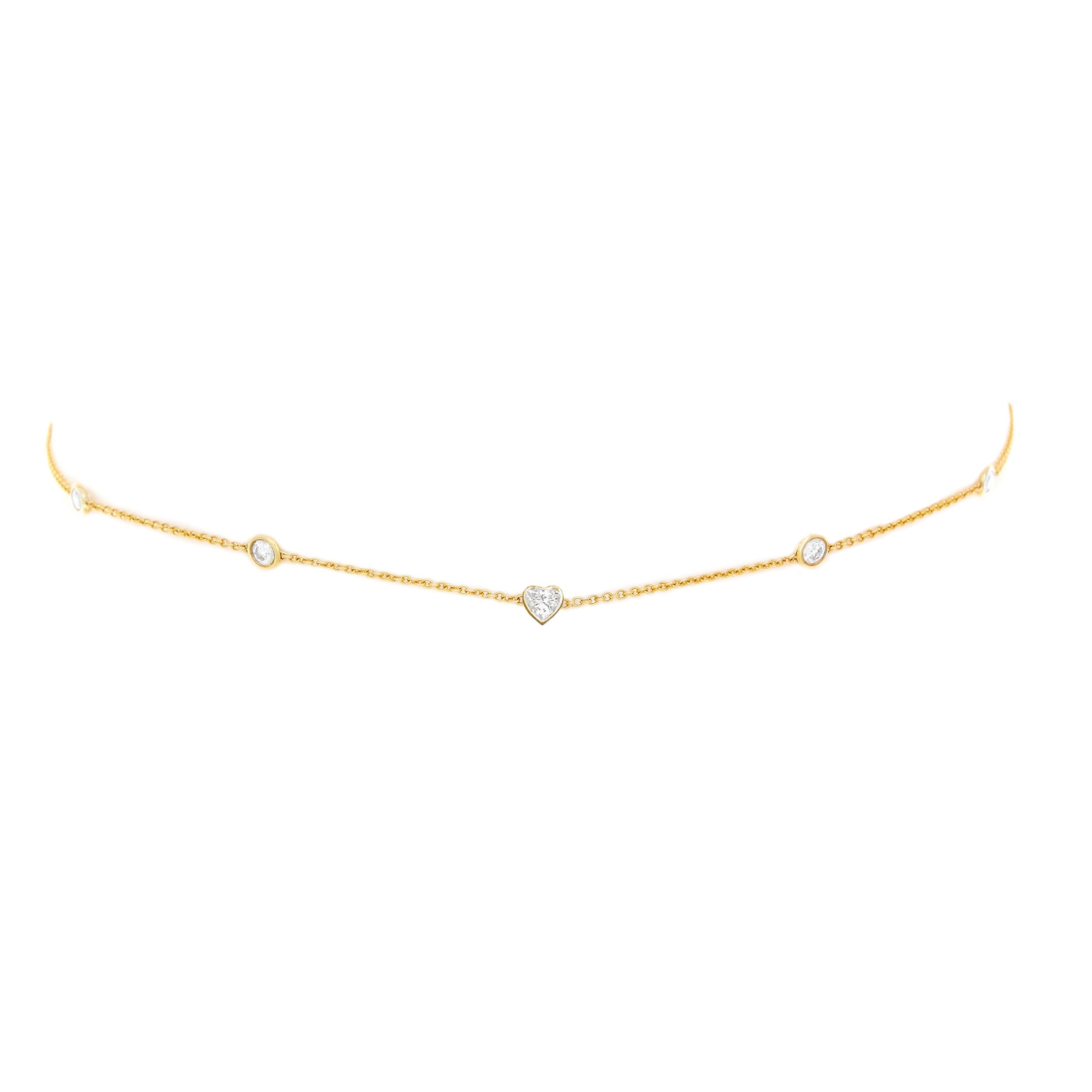 5 or 7 Diamond Heart of Light Orbit Choker with Heart Center 14"-15" Yellow Gold 5 Diamond by Logan Hollowell Jewelry